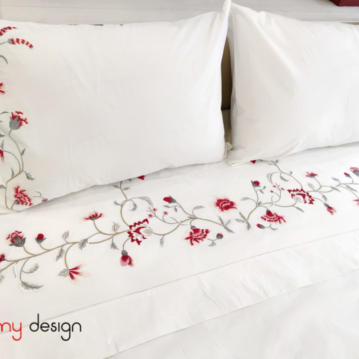 Queen size bed sheet with 2 pillowcases (50x70cm) - camellia flower embroidery